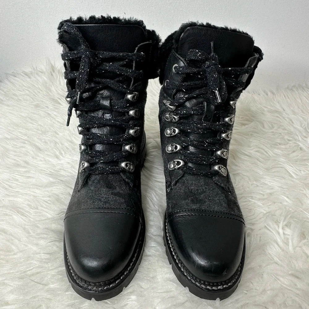 Frye Women’s Samantha Black Leather Canvas Shearling Combat Hiking Boots Size 8 - Picture 3 of 15